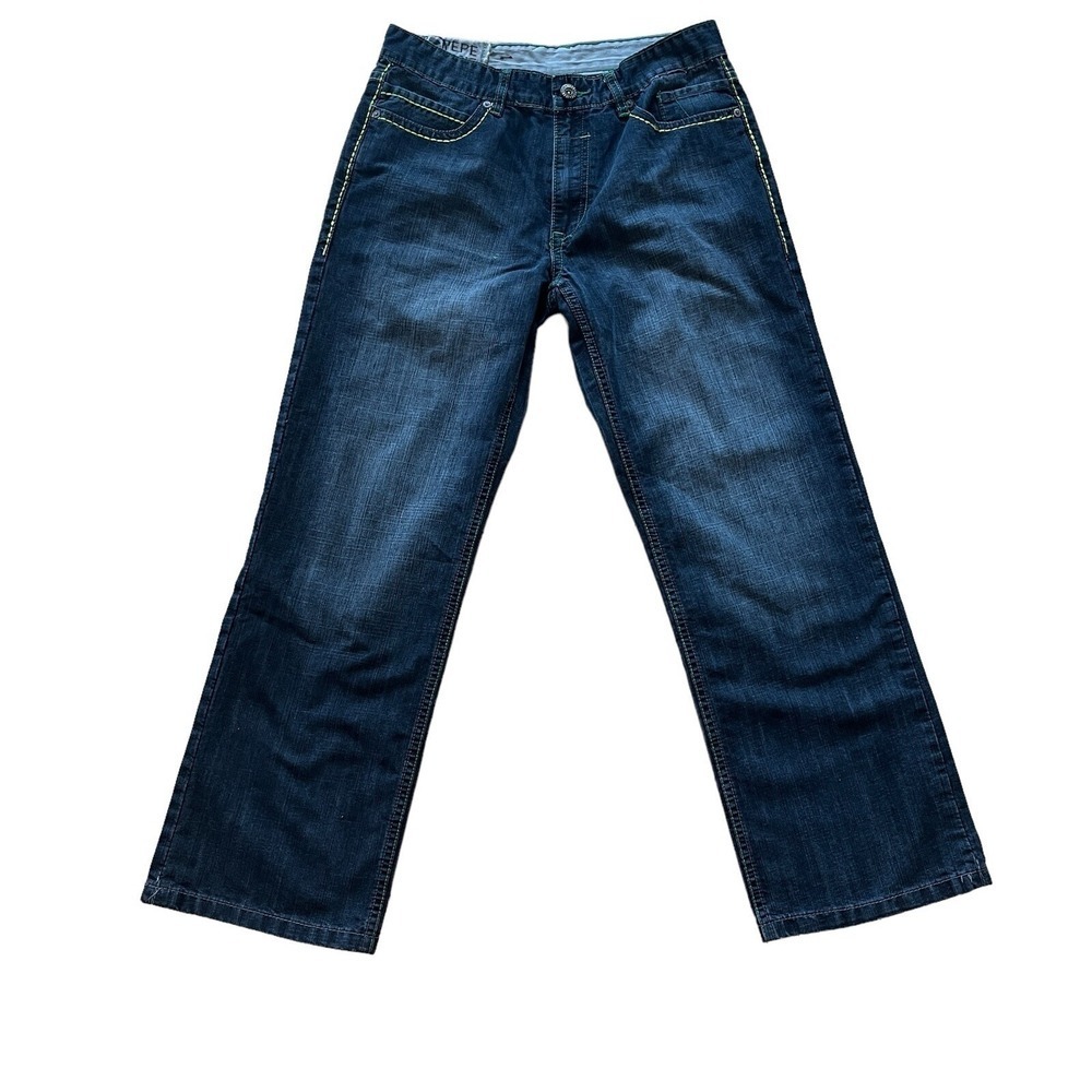 Pepe Wide Leg Jeans Mens 32, Fits 31x30 Distress Denim Green Stitching Baggy Y2K